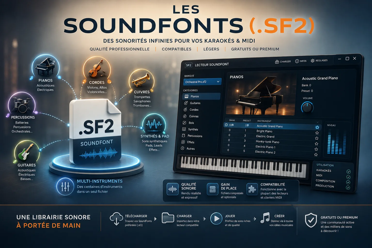 SoundFonts: pianos, strings, brass, percussion, guitars